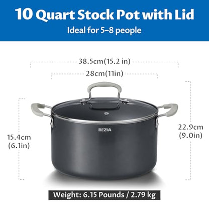 10 Quart Nonstick Stock Pot with Lid - BEZIA Ceramic Large Soup Pot, Big Pot with Silicone Handles, Easy Cleanup, Compatible with All Cooktops, Perfect for Roasts, Large Batches & Holiday Cooking