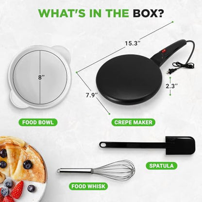 Nutrichef Electric Crepe Maker | 8-inch Nonstick Cooktop with On/Off Switch | Cooks Roti, Tortillas & Pancakes | Automatic Temperature Control & Cool Touch Handle | Includes Food Bowl, Whisk & Spatula