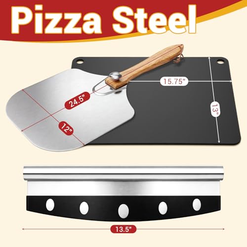 Suttmin 3 Pieces Baking Pizza Steel Set 16"x13" Carbon Steel Pizza Stone for Oven and Grill Folding Aluminum Spatula Food Grade Cutter Rocker Blade for Cooking Home Restaurant Bread Steak BBQ
