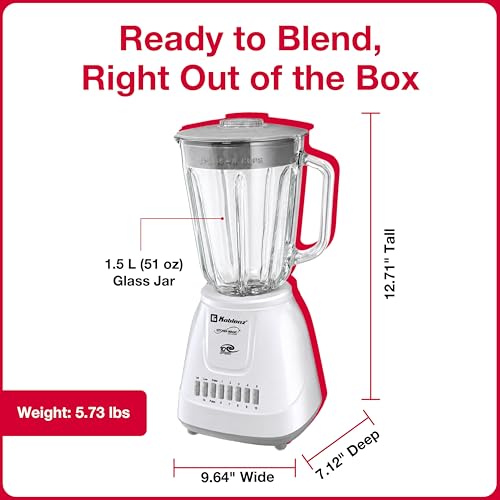 Koblenz LKM-5910 VB Glass Blender, 51 oz Countertop, 500W Motor, 10 Speed + 2 Pulse, Stainless Steel Blades, Metal Coupling, Blender for Smoothies and Shakes, White