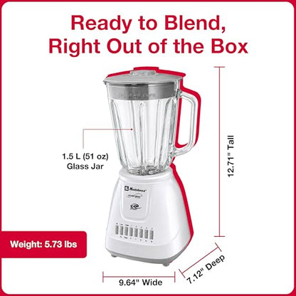 Koblenz LKM-5910 VB Glass Blender, 51 oz Countertop, 500W Motor, 10 Speed + 2 Pulse, Stainless Steel Blades, Metal Coupling, Blender for Smoothies and Shakes, White
