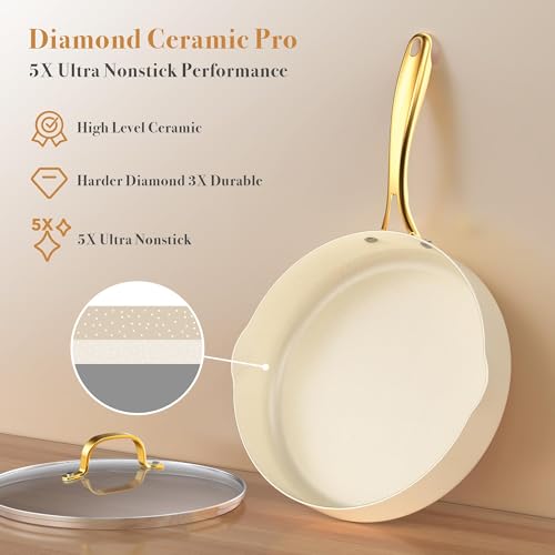 PekGema Ceramic Cookware Set 15-Pieces, Pots and Pans Set Non Stick, Oven Safe Non Toxic, Kitchen Cookware Set, PFOA PTFE FREE, Gold White