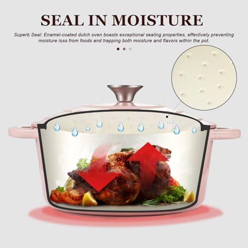 Overmont Enameled Cast Iron Dutch Oven - 4.5QT Pot with Lid Cookbook & Cotton Potholders - Heavy-Duty Cookware for Braising, Stews, Roasting, Sourdough Baking pink