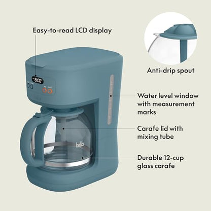BELLA 12 Cup Programmable Coffee Maker, Reusable Dishwasher Safe Accessories, Easy LCD display, Auto Shutoff, 900 watt, Surf