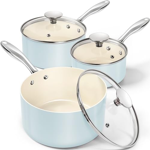 MICHELANGELO Sauce Pan with Lid, Non Stick Saucepan Set of 3-1Qt & 2Qt & 3Qt Small Pots for Cooking, Ceramic Saucepan - Non-Toxic, Scratch-Resistant, Oven Safe, Light Blue