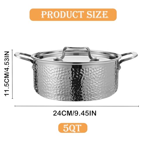 Vivicreate Tri Ply Stainless Steel Stock Pot with Lid 5 Quart Hammered Stockpot Induction Cooking Pot Soup Pot Compatible with All Stovetops (5QT)