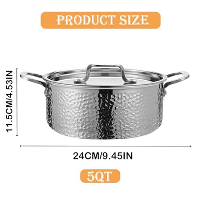 Vivicreate Tri Ply Stainless Steel Stock Pot with Lid 5 Quart Hammered Stockpot Induction Cooking Pot Soup Pot Compatible with All Stovetops (5QT)