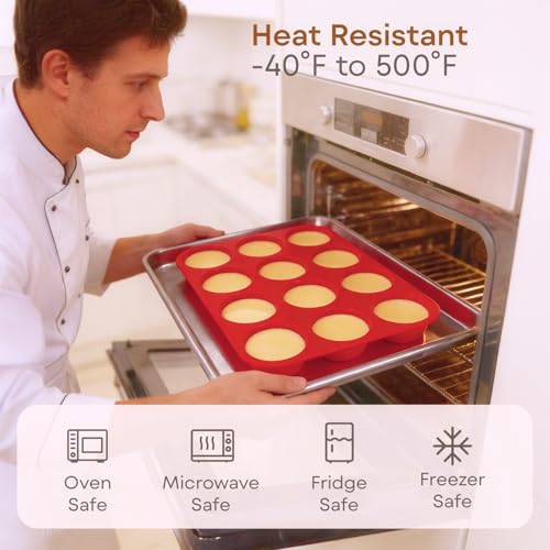 Ruinovate Silicone Muffin Pans for Baking Nonstick 2 Pcs, 12 Cup Regular Cupcake Pan, Food-Grade Silicone Baking Molds for Cupcakes, Egg Bites, Freezer, Red