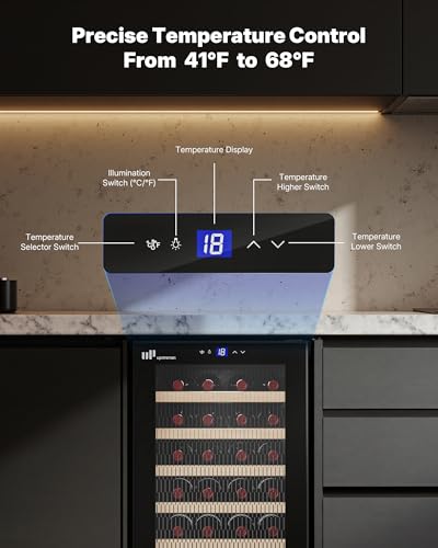 Upstreman 24 Bottle Wine Cooler Refrigerator, Compact Small Built-in or Freestanding Wine Fridge, 41-68°F Temperature Control, Glass Door, Touch Control & LED Light for Home Kitchen Bar (W24-Black)