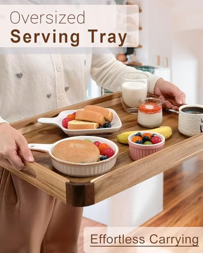 OurMiao 22 Inches Acacia Wood Serving Tray with Handles, Large Wooden Rectangle Ottoman Tray, Nice Home Decor for Living Room Coffee Table Couch, Ideal Size for Serving Food Breakfast BBQ Party
