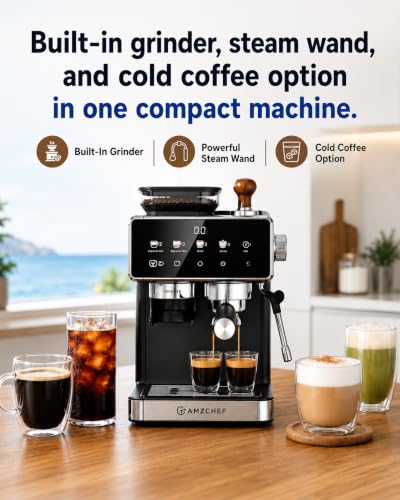 AMZCHEF Espresso Machine with Grinder, 20 Bar, Latte & Cappuccino, Black