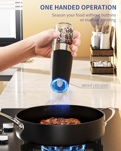 CIRCLE JOY Gravity Electric Salt and Pepper Grinder Set Automatic Salt and Pepper Grinder Set with LED Light, Battery Operated, Adjustable Coarseness, Large Capacity, for Home Kitchen BBQ, Black