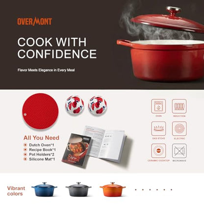 Overmont Enameled Cast Iron Dutch Oven - 5.5QT Pot with Wide Handles Lid Cookbook & Cotton Potholders - Heavy-Duty Pre-Seasoned Cookware Oven Safe to 500°F for Braising, Stews, Roasting, Sourdough Baking