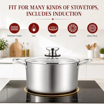 TeamFar 6 Quart Stock Pot, Stainless Steel Tri-Ply Cooking Pasta Pot with Tempered Glass Lid for Induction/Electric/Gas/Ceramic, Healthy & Sturdy, Double Riveted Handles & Dishwasher Safe