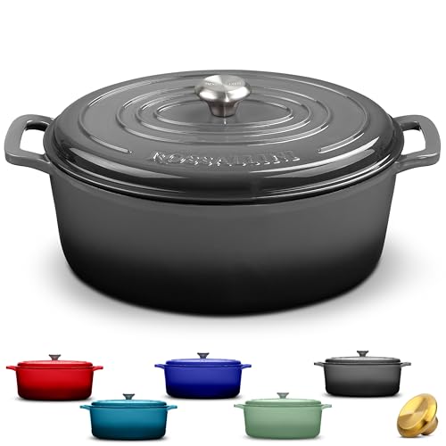 ROSSALLINI Signature Enameled Cast Iron Oval Dutch Oven | Non-Stick Serving Pot with Tight Fitting Lid for Perfect Roasting, Baking, Sauteing, and Bread Making | 5Q [Oyster Grey]