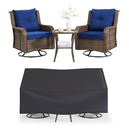 Wumiokio Patio Furniture Sets, 3 Pieces Wicker Outdoor Furniture - 360 Degree Swivel Rocking Chairs and Rattan Side Table for Garden,Porch,Backyard (Brown Wicker/Blue Cushion, 3PCS - Swivel Chairs)