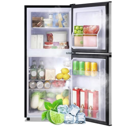 DEMULLER 3.88 CU.FT Capacity Refrigerator with Freezer Double Door Mini Fridge Small Refrigerator with 7 Adjustable Temp Control & 3 Glass Shelves for Kitchen Office Dorm Silver