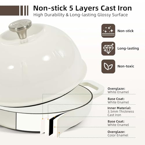 Davivy 5QT Dutch Oven for Sourdough Bread, Enamel Cast Iron Bread Pan, Round Sourdough Pan Bread Dutch Oven Bread Cloche with Slicone Oven Mitts - White