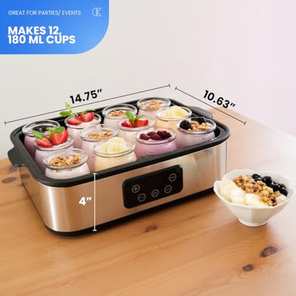 Collier Kitchen Automatic Yogurt Maker | 12 Glass Jars 180ml, Digital Timer & Temp Control | Stainless Steel Greek Yogurt Machine with Auto Shut-Off for Homemade Healthy Probiotic Snacks