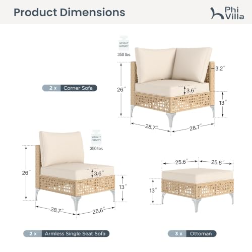 PHI VILLA Wicker Patio Sectional Furniture Set, 7-Seat, Rattan Weave, Beige