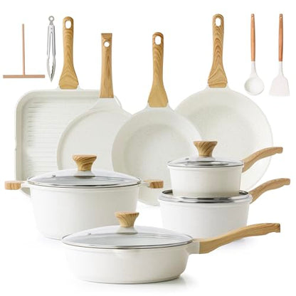 SENSARTE Nonstick Ceramic Cookware Set, 23 PCS Pots and Pans Non Toxic, PFAS & PFOA Free, Non Stick Healthy Kitchen Cooking Set with Stay-Cool Handles, White