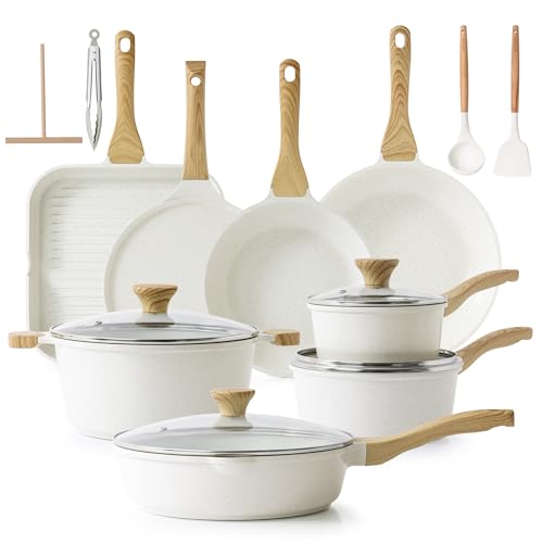 SENSARTE Nonstick Ceramic Cookware Set, 23 PCS Pots and Pans Non Toxic, PFAS & PFOA Free, Non Stick Healthy Kitchen Cooking Set with Stay-Cool Handles, White