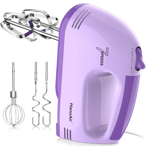 HaooAir Electric Handheld Mixer, 7-Speed Adjustable Kitchen Mixer, 5 Stainless Steel Accessories (2 * Dough Hooks, 2 * Beaters, 1 * Whisk), Perfect for Kitchen and Baking Food Mixers, Purple