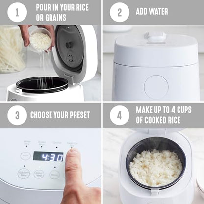 GreenLife Digital Rice Cooker, 2-Cups Uncooked/4-Cups Cooked, Removable Nonstick Ceramic PFAS-Free Pot, One-Touch Presets, Oats, Quinoa, Brown Rice, Auto Keep Warm, Fuzzy Logic Tech, 1.5QT, White