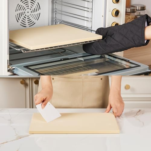 ROCKSHEAT Pizza Stone Set, 15"x12" Rectangular Pizza Stone for Oven Grill BBQ with Wooden Pizza Peel & Oven Mitts, Cordierite Baking Stone for Bread, Unique Built-in 4 Handles Cooking Stone