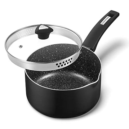 KOCH SYSTEME CS 3 Quart Saucepan - 3 Quart Pot with Nonstick Granite Coatings, 4.4" Deep Sauce Pan with Lid, Heating, Nonstick Saucepan Comfortable Handle, Sauce Pot 3 QT
