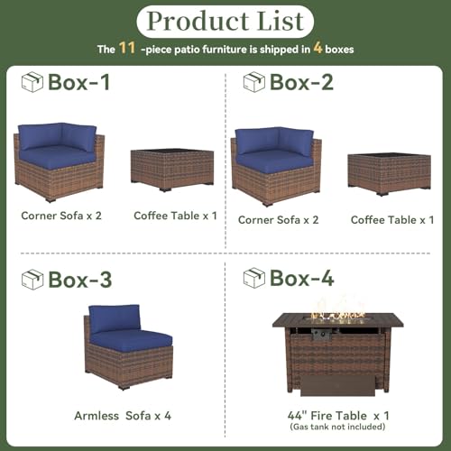 Aoxun 11 Piece Patio Furniture Set with 44" Fire Pit Table Wicker Rattan