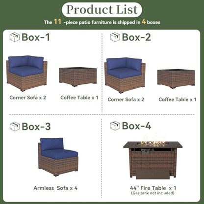 Aoxun 11 Piece Patio Furniture Set with 44" Fire Pit Table Wicker Rattan