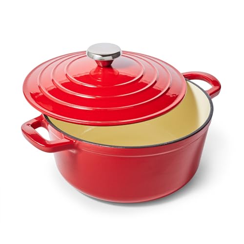 Sur La Table 4-Qt Enameled Cast Iron Dutch Oven – Oven & Broiler to 500°F, Induction Compatible, with Lid for Braising, Baking & Deep Frying, Nonstick Interior, Red