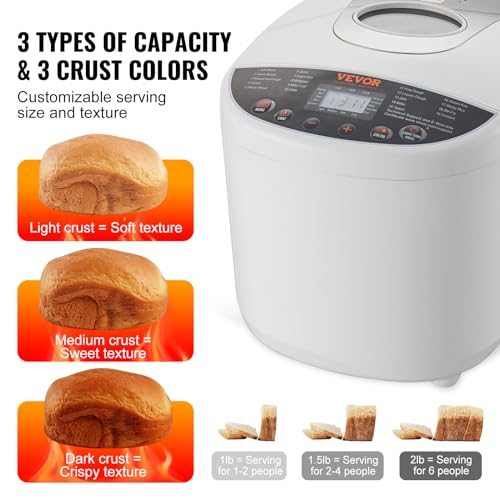 VEVOR Bread Maker, 19-in-1 2LB Dough Machine, Nonstick Ceramic Pan Automatic Breadmaker with Gluten Free Setting, Whole Wheat Bread Making, Digital, Programmable, 3 Loaf Sizes, 3 Crust Colors, White