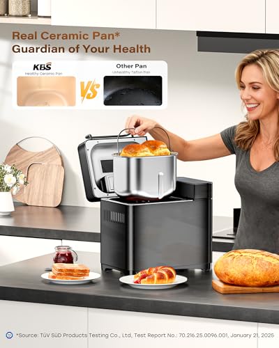 KBS 710W 2LB Bread Maker Dual Heaters, 17-in-1 Stainless Steel Bread Machine with Healthy Ceramic Pan, Automatic Nut Dispenser, Tempered Glass Touch Panel, 3 Crust Colors, 15H Timer& Keep-Warm,Recipes