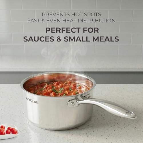 Sunhouse 2 Quart Sauce Pan with Lid, Tri-Ply Stainless Steel Saucepan with Full-Clad Base, Small Pot for Cooking, PFOA-Free, Professional Induction Ready Cookware