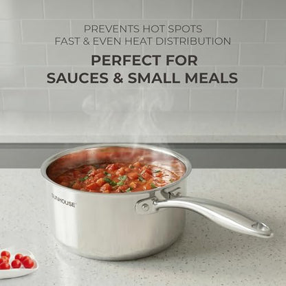 Sunhouse 2 Quart Sauce Pan with Lid, Tri-Ply Stainless Steel Saucepan with Full-Clad Base, Small Pot for Cooking, PFOA-Free, Professional Induction Ready Cookware