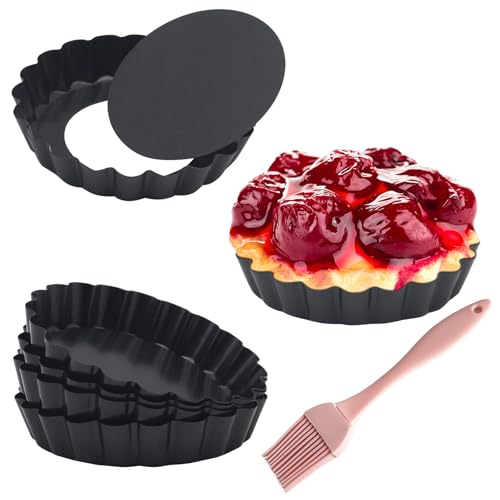 Urxirha 6 Pack Mini Fluted Tart Pans 4 Inch with Removable Bottom, Nonstick Quiche Pan with Silicone Basting Pastry Brush for Baking Treats, Pie, Quiches, Tartlets