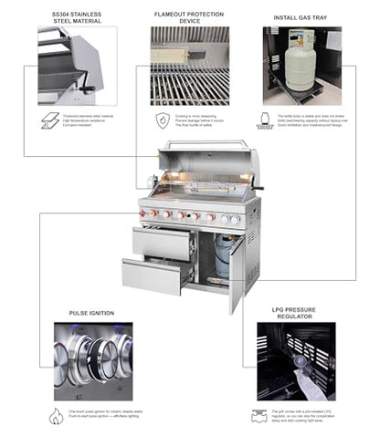 85 Inch Outdoor Kitchen Island with Bar Table, 4 Burner Propane Gas BBQ Grill 71500 BTU, 304 Stainless Steel, Single-Door Refrigerator, Stainless Steel Sink with Faucet, For Backyard BBQ, Sliver