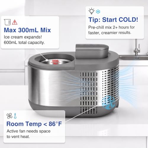 Self-Cooling Ice Cream Maker Machine, 1.2 Pint (600ml), No Pre-Freezing