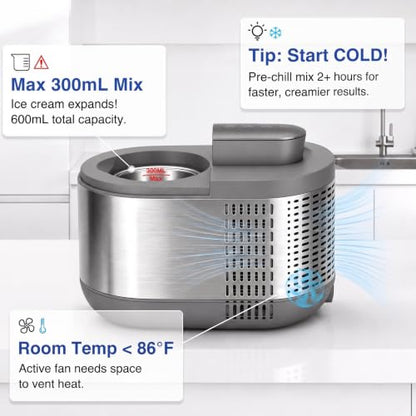 Self-Cooling Ice Cream Maker Machine, 1.2 Pint (600ml), No Pre-Freezing