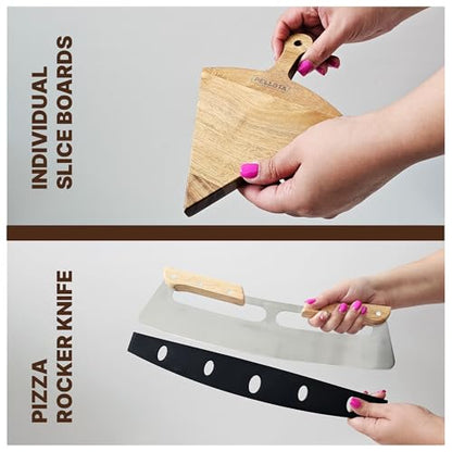 Premium Wooden Pizza Serving Board Set – 6 Slice Detachable Pizza Tray with Stainless Steel Rocker Knife, Pizza Slicer, Pizza Rocker for Parties & Gifts