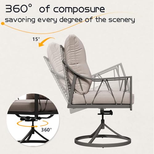 EROMMY 5-Piece Outdoor Patio Dining Set, 4 Wicker Swivel Rocking Chairs with 4" Cushions, 42" Round Table with Adjustable Umbrella Hole for Yard, Backyard, Black