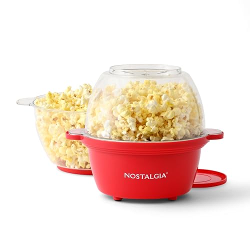 Nostalgia Electric Non-Stick Stirring Popcorn Machine with Hot Oil- Easy-To-Clean Popcorn Popper with Dual-Use Bowl & Cool-Touch Handles- Popcorn Maker for 8 Cups of Theater Style Popcorn- Red