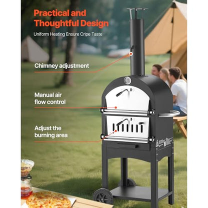 VEVOR Portable Outdoor Oven, 12-inch Stand Pizza Oven with Casters, Pellet & Chips & Charcoal & Firewood Four Fuel, Baked Paint Pizza Grill, Includes Pizza Stone, Pizza Shovel, for Camping & Backyard