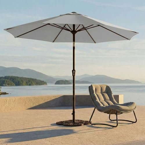 Kingdura 9FT Outdoor Patio Umbrella, Market Table Umbrella with Push Button Tilt and Crank, 8 Sturdy Fiberglass Ribs, UV Protection for Pool, Lawn, Deck, Backyard, Garden (Light grey)