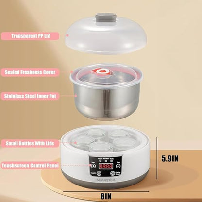 Yogurt Maker with Adjust Temp(32°C-45°C/90°F-113°F)&Time(1-99h) and PP Lid,Celsius Increment,Hour Countdown,LED Display,304 Stainless Steel Inner Bowl (1.2L) no glass jar