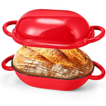 Maxdot 4qt Dutch Oven with Lid Enameled Cast Iron Sourdough Bread Pan for Baking Non Stick Single with Loop Handles for Family Homemade Breadbaking(Red)
