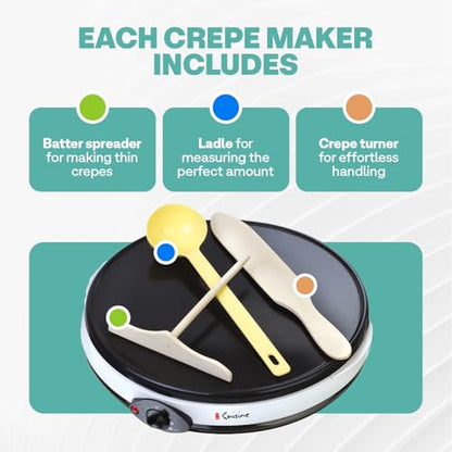 Euro Cuisine CM20 Electric Crepe Maker, 12 Inch Ceramic Non-stick Pan (PTFE PFOA Free), Adjustable Temperature Setting, Also Makes Roti, Dosa, Pancakes, Includes Batter Spreader, Turner and Ladle