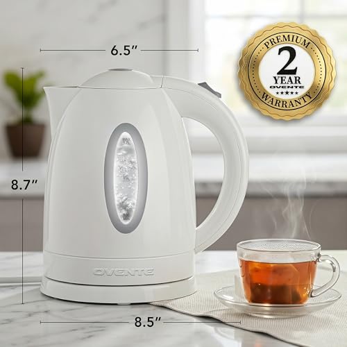 OVENTE 1.7L Electric Tea Kettle, Fast Boiling Water Heater, White KP72W